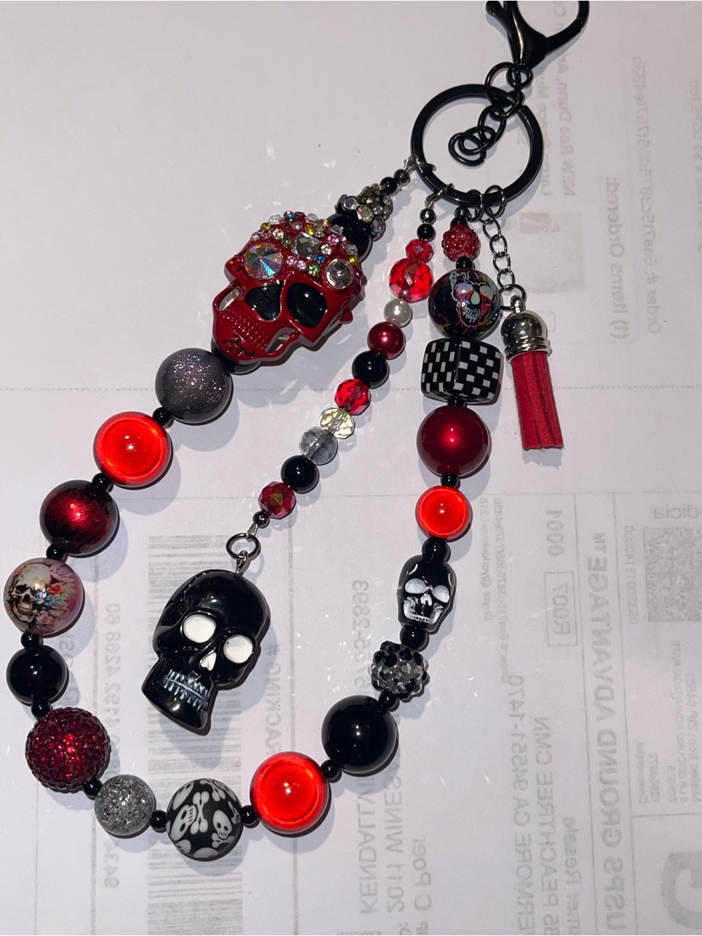 HANDCRAFTED Gothic Glam Rhinestone Sugar Skull Bubble Bead Bag Charm / Keychain